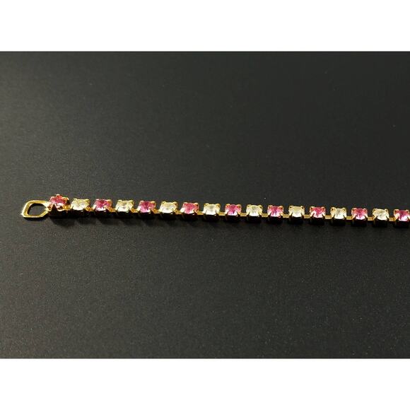 Vintage Trifari Pink Clear Rhinestone Tennis Bracelet,  Gold Plated, 1980s - Picture 9 of 10